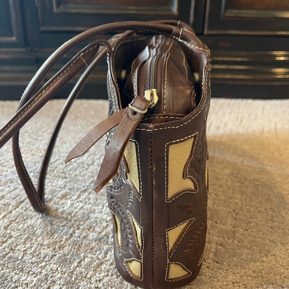Leaders In Leather Scroll Cut Out Tooled Leather  Bag, Medium Size, Brown/Ivory - Picture 12 of 16